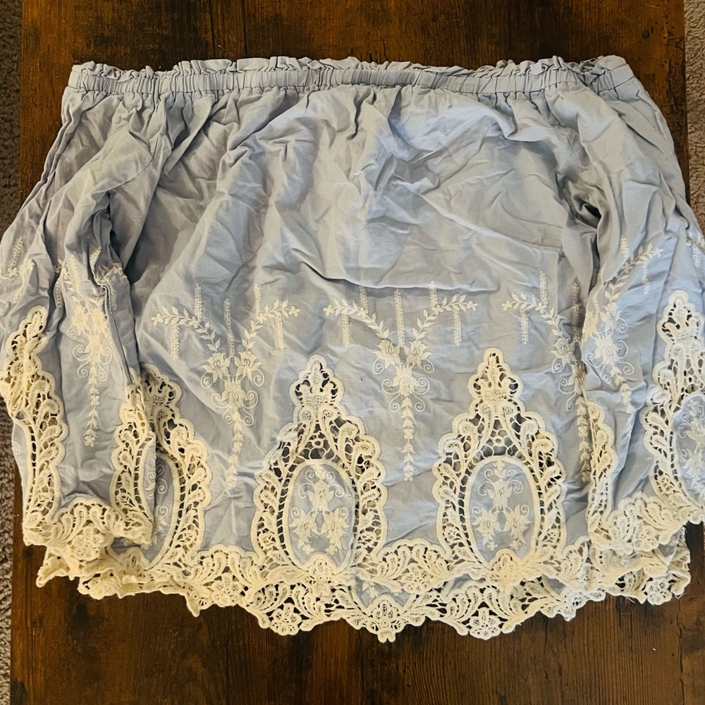 Elegant Lace Trim Off The Shoulder Blouse in Blue and Cream